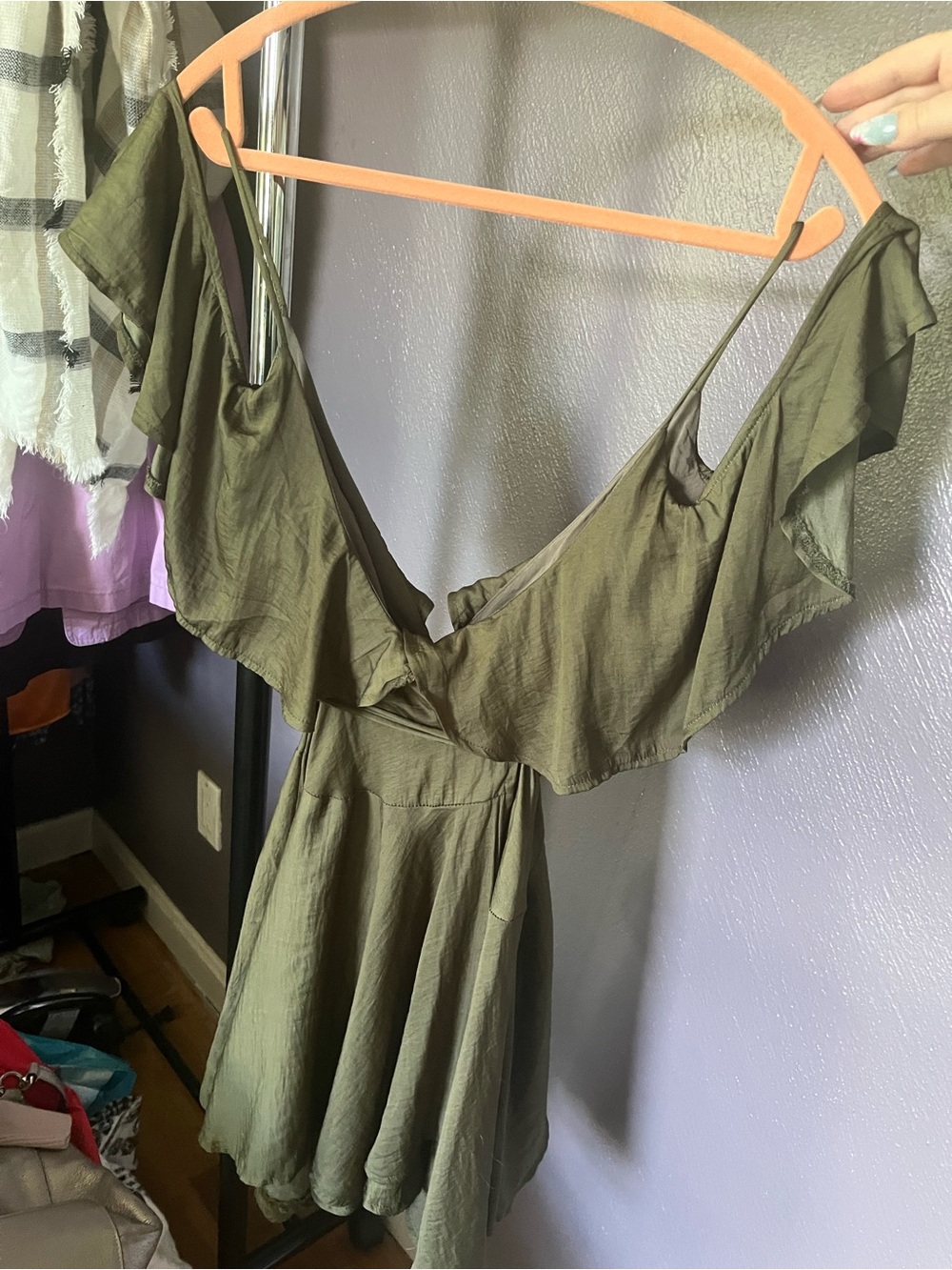 L'ATISTE Olive Green Ruffle V-Neck Mini Dress